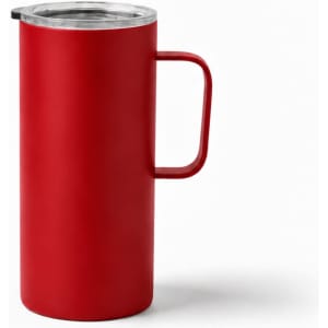 A red travel mug with a metal lid and a handle, featuring a simple design and a logo.
