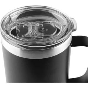 A black travel mug with a clear lid and a silver band at the top, featuring a handle and a logo.