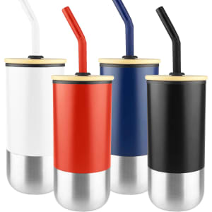 A travel mug collection featuring white, red, navy, and black mugs with bamboo lids and reusable straws.