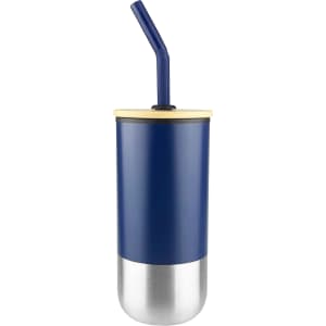 A travel mug with a navy blue upper section, stainless steel base, and a black straw lid. It features a logo.