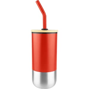 A travel mug in red with a stainless steel base and a red straw. It features a lid and has branding on it.