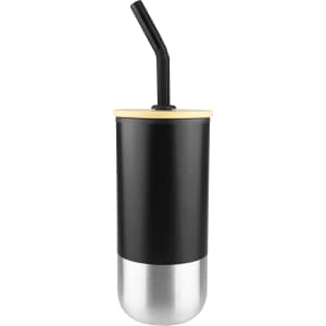 A drink bottle featuring a black exterior, stainless steel base, and a black straw. It has a lid and a logo.