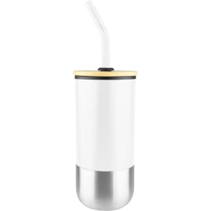 A drink bottle featuring a white body with a stainless steel bottom, a gold rim, and a straw. It has a logo.