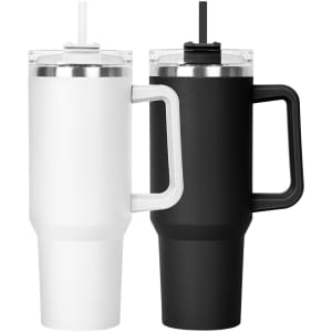 A drink bottle set featuring a white and a black travel mug with a handle and a straw, both with a clear lid and branding.