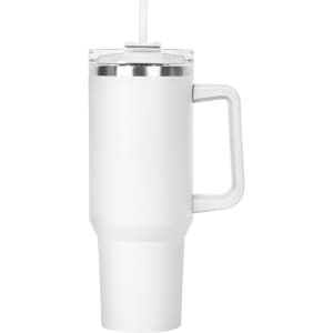 A white travel mug featuring a clear lid and straw, with a handle for easy carrying.