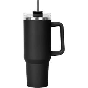 A black travel mug with a clear lid and straw, featuring a sturdy handle and a sleek design.