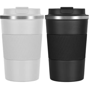 A travel mug set featuring one white and one black mug, both with textured grips and a sleek lid.