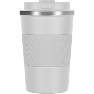 A travel mug in light grey with a ribbed grip and silver lid, featuring a logo on the front.