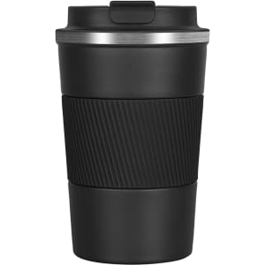 A travel mug in black with ribbed detailing and a metal lid. It features a branding logo.