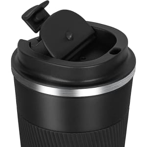 A travel mug in black with a silver band and a spill-proof lid design. It features a textured grip.