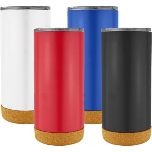 A travel mug set featuring white, red, blue, and black designs with cork base accents and a logo.