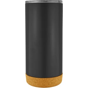 A travel mug featuring a matte black exterior and a cork base, with a metallic lid. It has a simple and modern design.