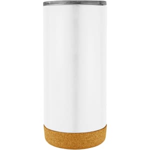A travel mug with a sleek white body and a cork base, featuring a silver lid and a branding logo.