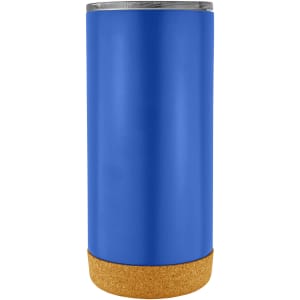 A travel mug in blue with a cork base and a silver lid, featuring a simple design and logo.