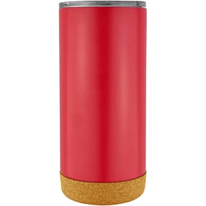 A travel mug featuring a red body with a cork base and a silver lid, displaying a logo.