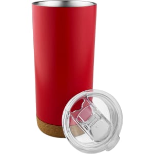 A travel mug in red with a cork bottom and a clear, removable lid. It features a logo.