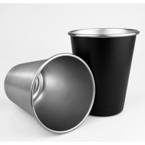 A drink bottle in black stainless steel with a silver interior, featuring a minimalist design and logo.