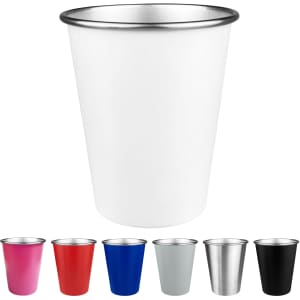 A drink bottle with a white body and silver rim, alongside coloured variants including pink, red, blue, silver, and black.