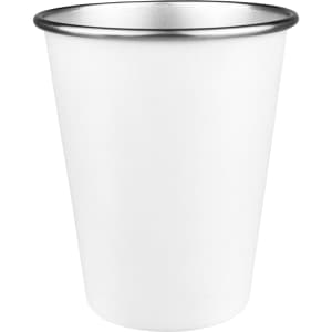 A drink bottle featuring a white exterior with a silver rim, designed for beverage use. It has a logo on it.