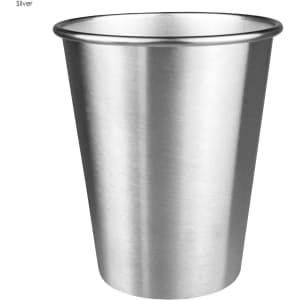 A drink bottle in silver with a metallic finish, featuring a rimmed top and a branding logo.