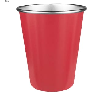 A drink bottle in pink with a metallic silver rim, featuring a logo.