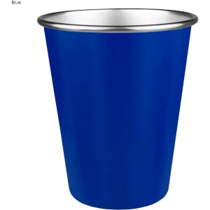 A drink bottle in blue with a metallic silver rim, featuring a logo on its surface.