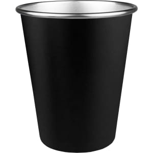 A drink bottle designed as a metal party cup, featuring a black exterior and a silver rim.