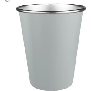 A drink bottle in a grey metallic finish with a silver rim, featuring a logo.