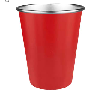A drink bottle in red with a metallic rim and a smooth finish, featuring a logo.