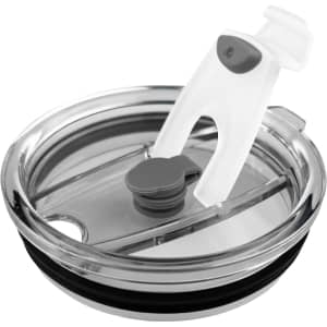 A coffee mug lid in transparent plastic with a grey and white sliding opening mechanism and a rubber seal.
