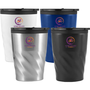 A set of four Ello Twist Mugs in white, stainless steel, blue, and black, each with a lid and a logo.