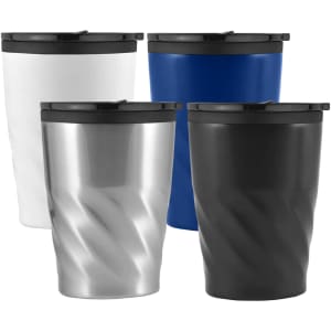 A collection of four coffee mugs in white, blue, stainless steel, and black, featuring a twist design and lids.