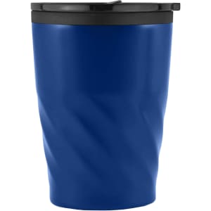 A drink mug in deep blue with a twist design and a black lid, featuring a logo.