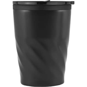 A black twist mug with a matte finish and a lid, featuring a textured, wavy design. It has a logo on it.