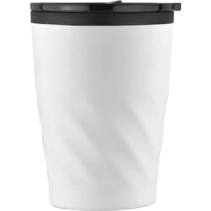 A white twist mug with a black lid features a textured design and has a simple logo.