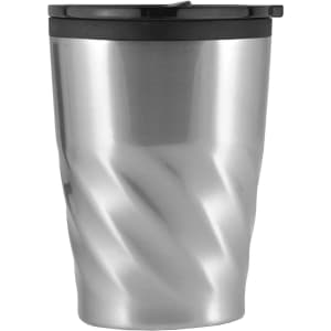 A stainless steel coffee mug with a twisted design and a black lid. It features a logo on the surface.