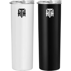 A set of two tall travel mugs in white and black with a logo on each.