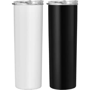 Two cylindrical mugs in black and white, featuring transparent lids, with a logo on each.