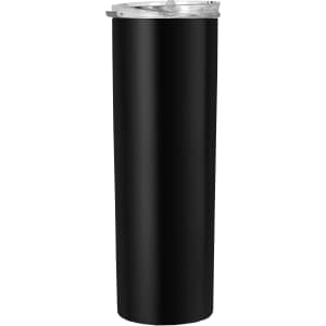 A black coffee mug with a clear lid and a sleek, vertical design, featuring a logo.