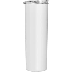 A white coffee mug with a clear lid, featuring a smooth, cylindrical design and a branding logo.