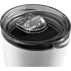 A white coffee mug with a clear lid, featuring a sliding opening for easy sipping and a smooth finish.