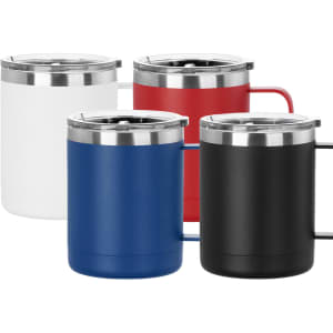 A drink bottle featuring a sleek design in white, blue, red, and black, with a silver lid and handle.