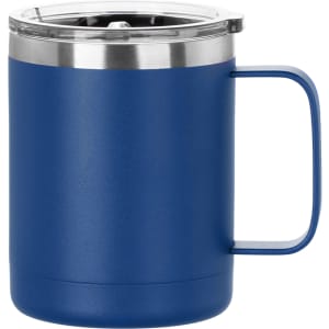 A travel mug in deep blue, featuring a stainless steel lid and a sturdy handle. It includes a branding logo.