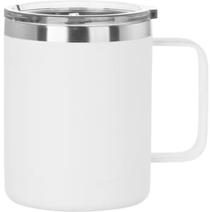 A travel mug in white with a stainless steel lid and a comfortable handle, featuring a sleek design and a logo.