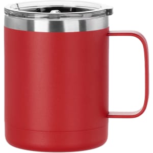 A travel mug in red with a stainless steel lid and a handle, featuring a logo on the body.