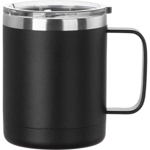 A travel mug in black with a stainless steel lid and handle. It features a sleek, minimalist design.