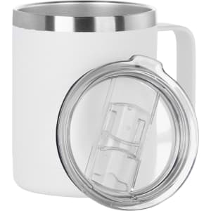 A white travel mug with a stainless steel rim and a clear lid. It features a sturdy handle and a smooth surface.