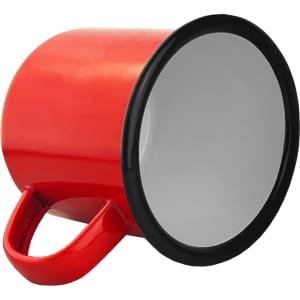A red enamel camper mug with a black rim and handle, featuring a plain interior.