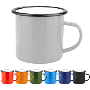 A drinkware enamel camper mug in white with a black rim, featuring multiple colour options below.