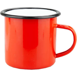 A red enamel camper mug with a black rim and handle, featuring a smooth finish and a simple design.